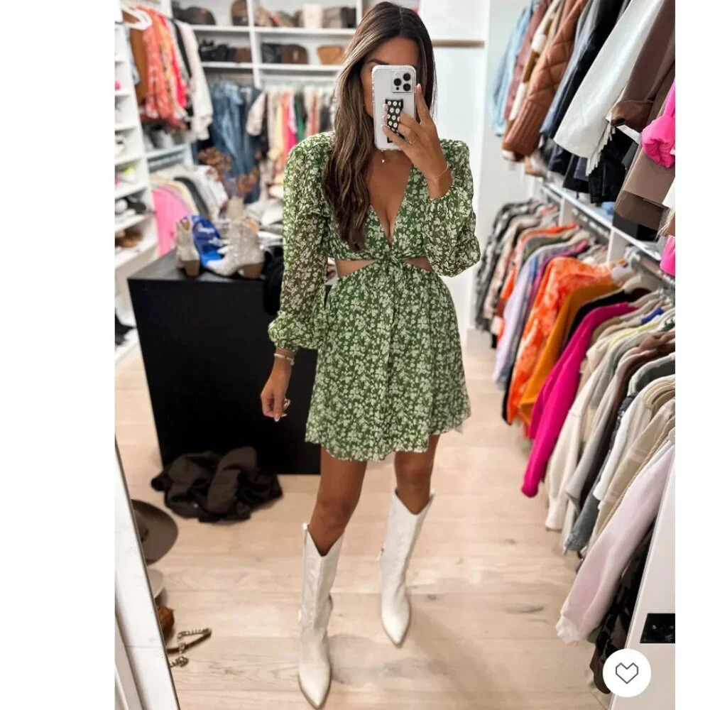 Abercrombie & Fitch Long Sleeve Cut Out Mini Dress NWT Green Floral Size Small